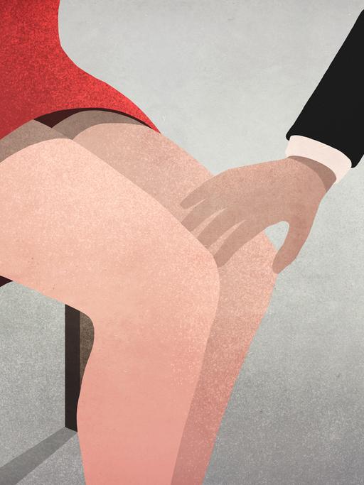Auf einer Illustration berührt eine männliche Hand ein weibliches Knie - Symbolbild für sexuelle Belästigung.
