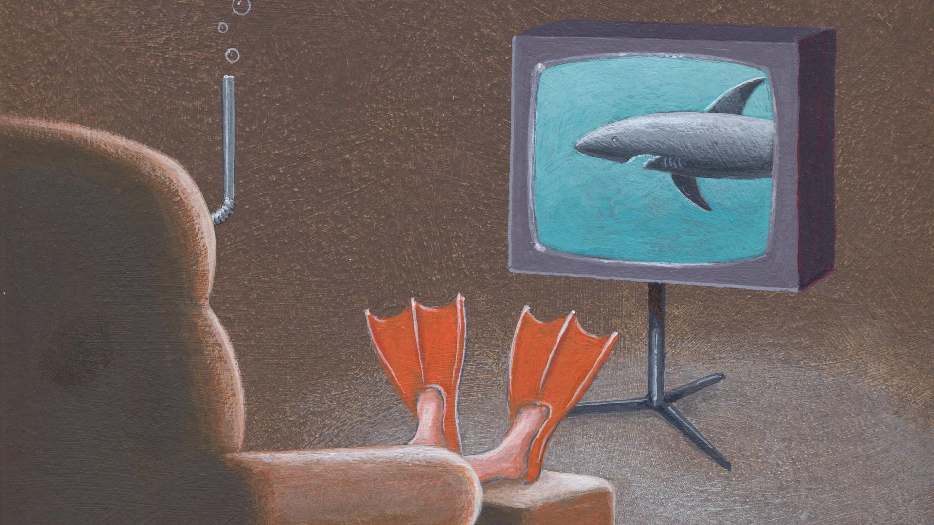 Illustration: Ein Hai schwimmt auf einem TV Bildschirm und im Sessel sitzt jemand träge mit Strohhalm im Mund und Schwimmflossen an den Füssen.