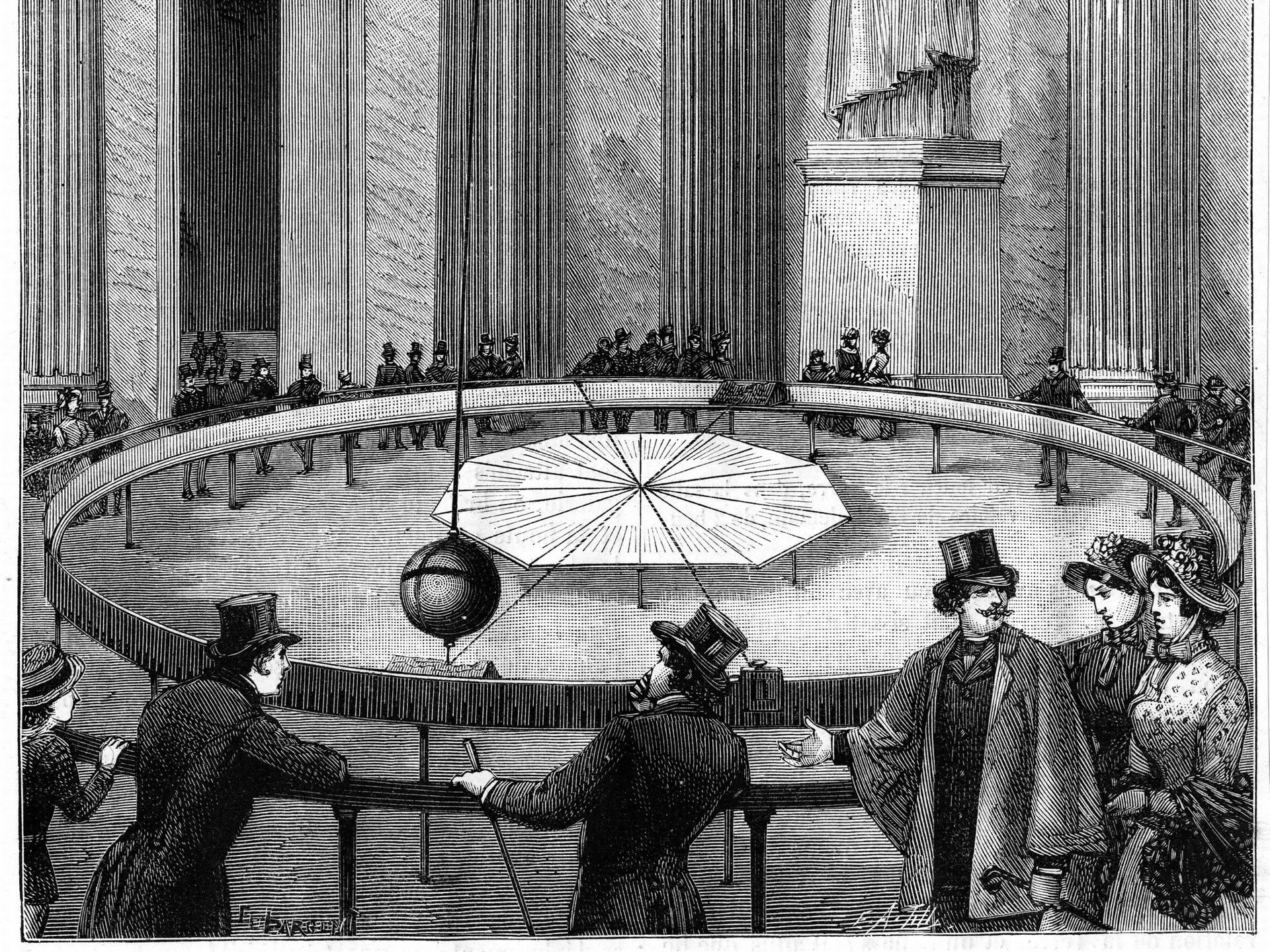 Eine alte Aufnahme zeigt mehrere Menschen, die von der Decke hängendes Pendel beobachten.