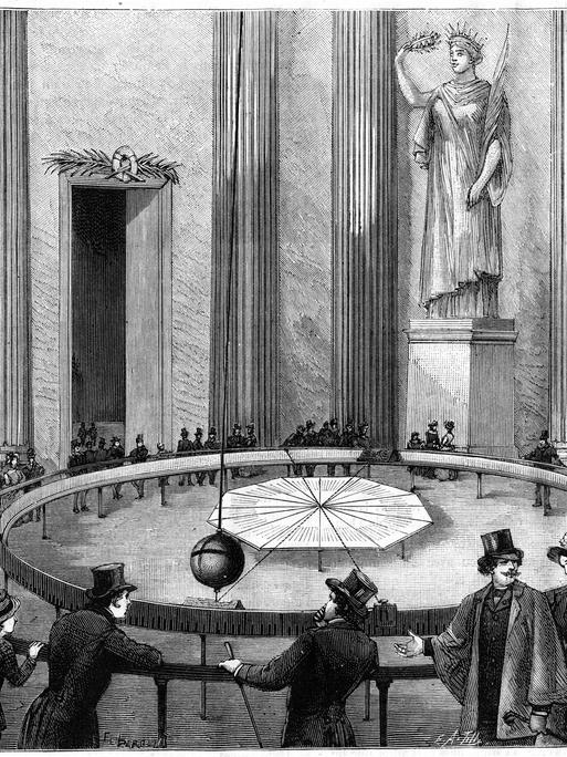 Eine alte Aufnahme zeigt mehrere Menschen, die von der Decke hängendes Pendel beobachten.