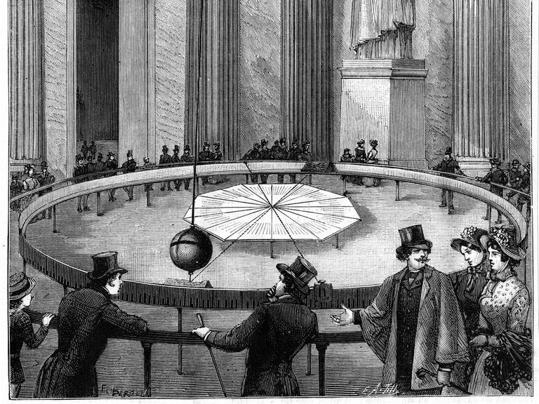 Eine alte Aufnahme zeigt mehrere Menschen, die von der Decke hängendes Pendel beobachten.