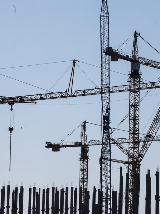 Baukräne stehen an der Baustelle eines neues Rechenzentrums in Lübbenau.