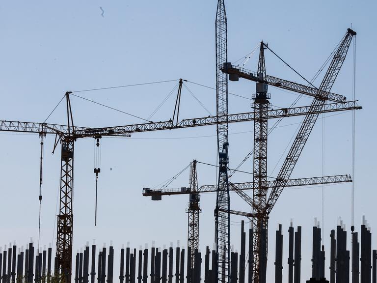 Baukräne stehen an der Baustelle eines neues Rechenzentrums in Lübbenau.