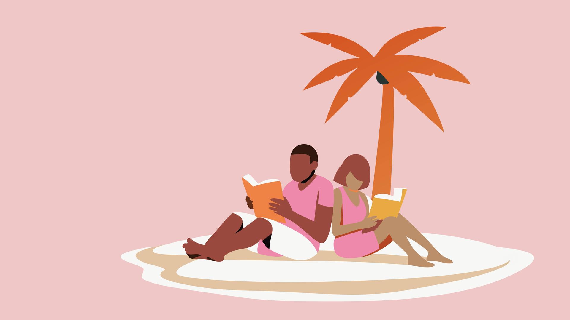 Illustration: Ein Mann und eine Frau, sitzen auf einer Insel am Strand unter eine Palme und lesen jeweils ein Buch.