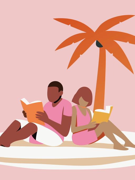 Illustration: Ein Mann und eine Frau, sitzen auf einer Insel am Strand unter eine Palme und lesen jeweils ein Buch.