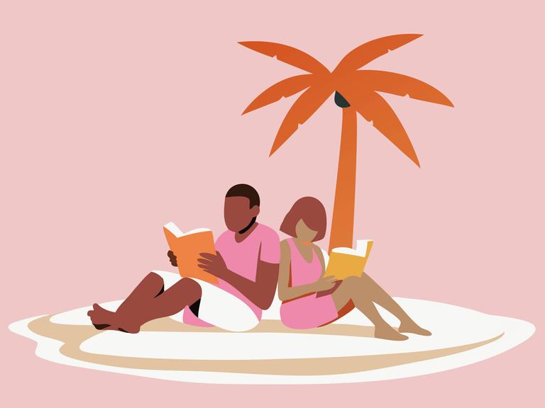 Illustration: Ein Mann und eine Frau, sitzen auf einer Insel am Strand unter eine Palme und lesen jeweils ein Buch.