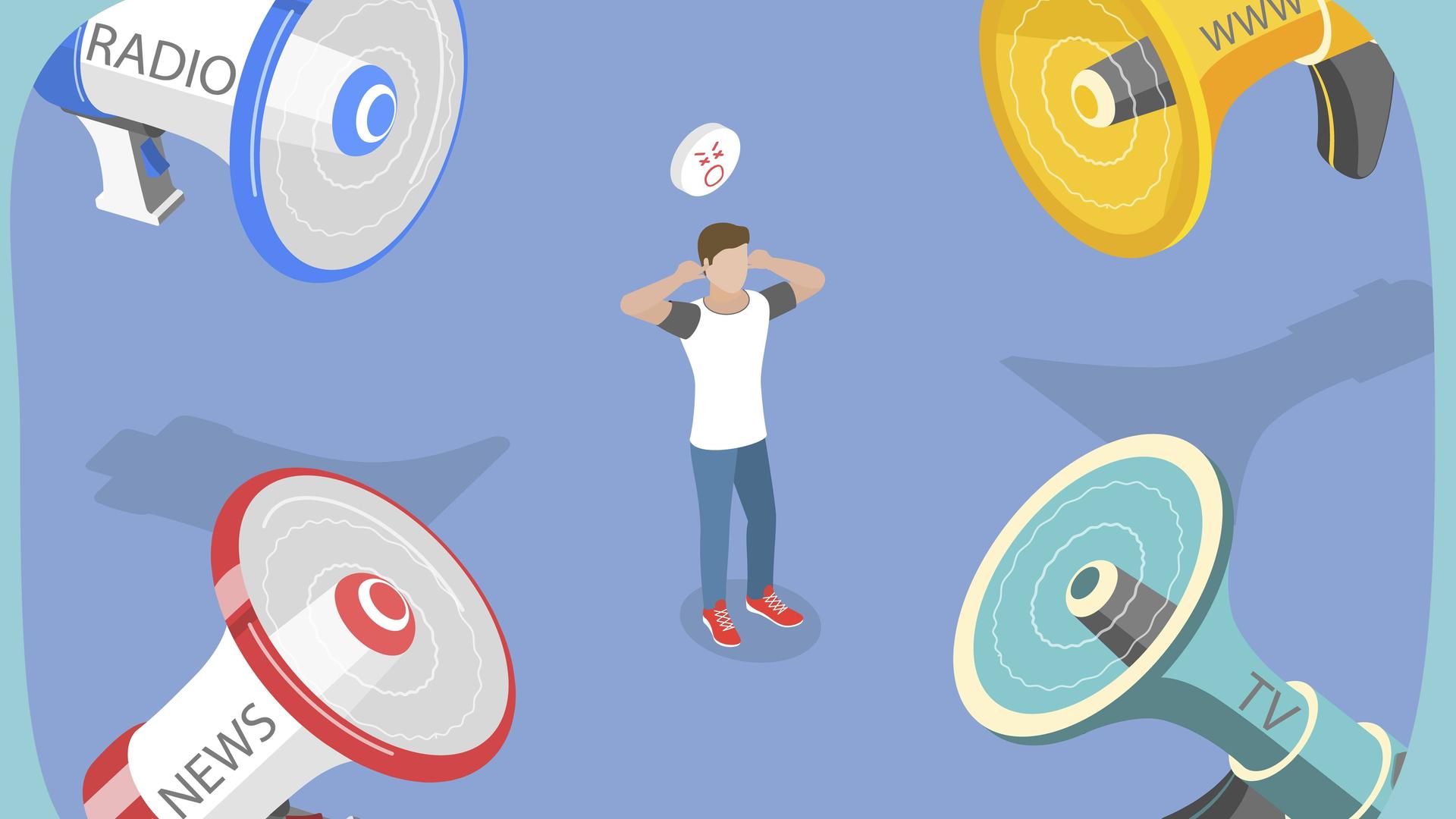 Alles zu viel? Auf dieser Grafik steht ein Mensch in der Mitte von vier überdimensionierten Lautsprechern und hält sich die Ohren zu. Auf den Lautsprechern steht etwa "Radio", "TV" und "www" für "Internet". 