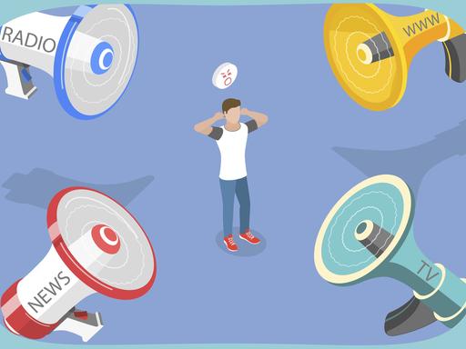 Alles zu viel? Auf dieser Grafik steht ein Mensch in der Mitte von vier überdimensionierten Lautsprechern und hält sich die Ohren zu. Auf den Lautsprechern steht etwa "Radio", "TV" und "www" für "Internet". Alles zu viel? Auf dieser Grafik steht ein Mensch in der Mitte von vier überdimensionierten Lautsprechern und hält sich die Ohren zu. Auf den Lautsprechern steht etwa "Radio", "TV" und "www" für "Internet".