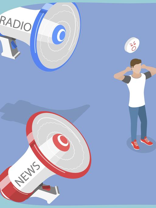 Alles zu viel? Auf dieser Grafik steht ein Mensch in der Mitte von vier überdimensionierten Lautsprechern und hält sich die Ohren zu. Auf den Lautsprechern steht etwa "Radio", "TV" und "www" für "Internet". Alles zu viel? Auf dieser Grafik steht ein Mensch in der Mitte von vier überdimensionierten Lautsprechern und hält sich die Ohren zu. Auf den Lautsprechern steht etwa "Radio", "TV" und "www" für "Internet".