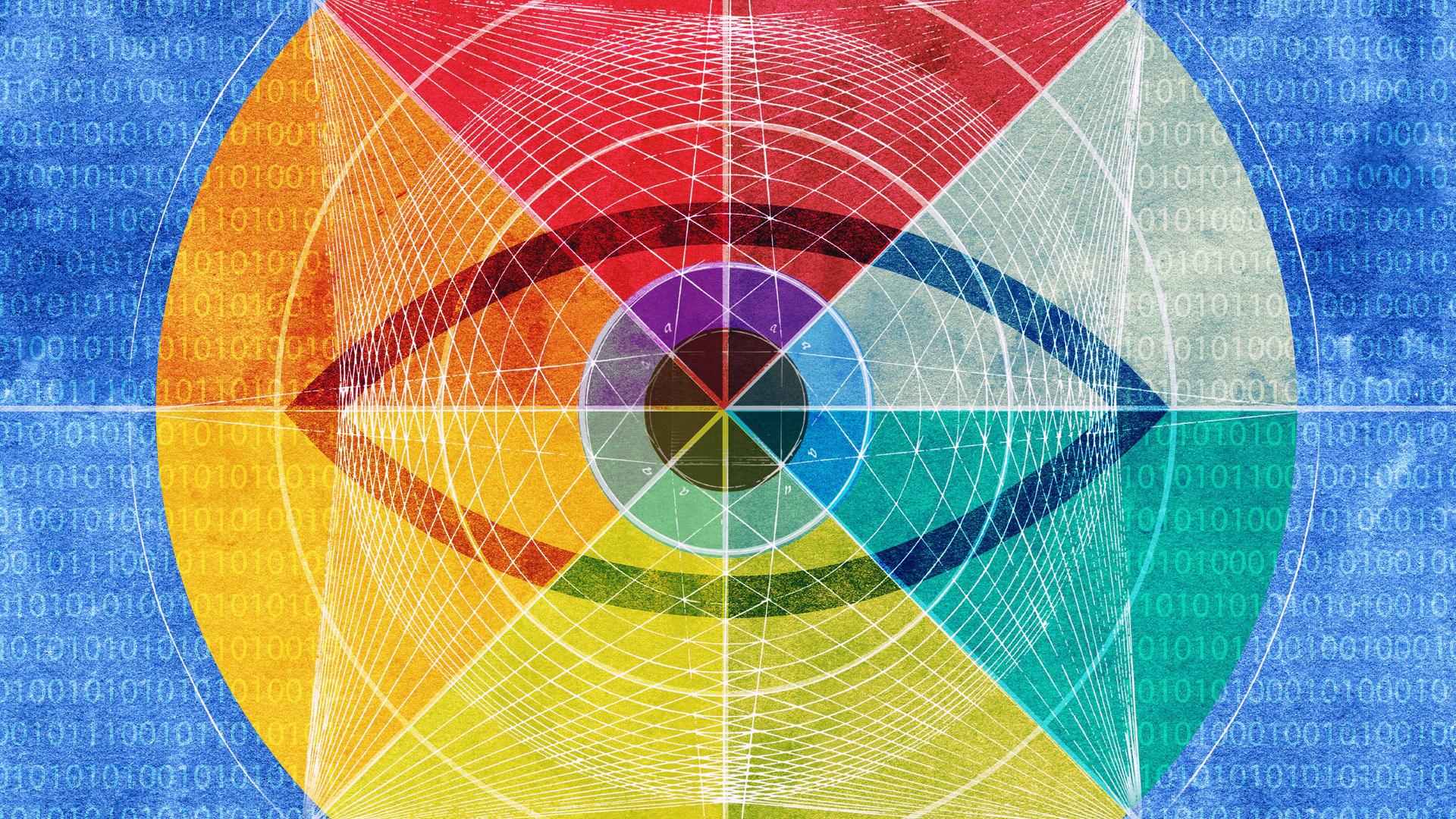 Illustration: Ein Auge im Zentrum eines Netzwerkmusters mit Binärcode unterlegt mit dem Farbenspektrum des Regenbogens.