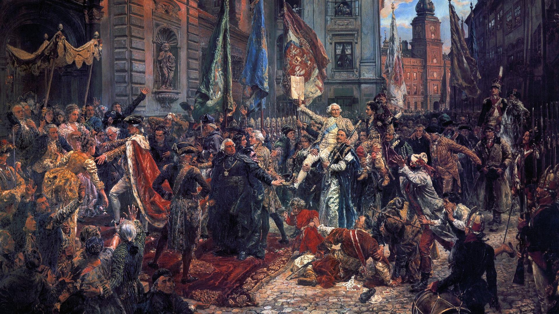 Mai 1791 in Warschau. Zahlreich festlich gekleidete Menschen habe sich vor einer Kirche versammelt. 