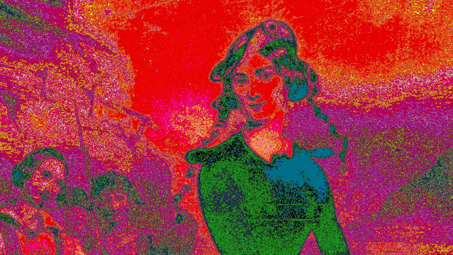 Digital colorierte Zeichnung einer kostümierten Frau auf einer Bühne im 19. Jahrhundert. Im Hintergrund sind drei weitere Bühnendarsteller zu erkennen.