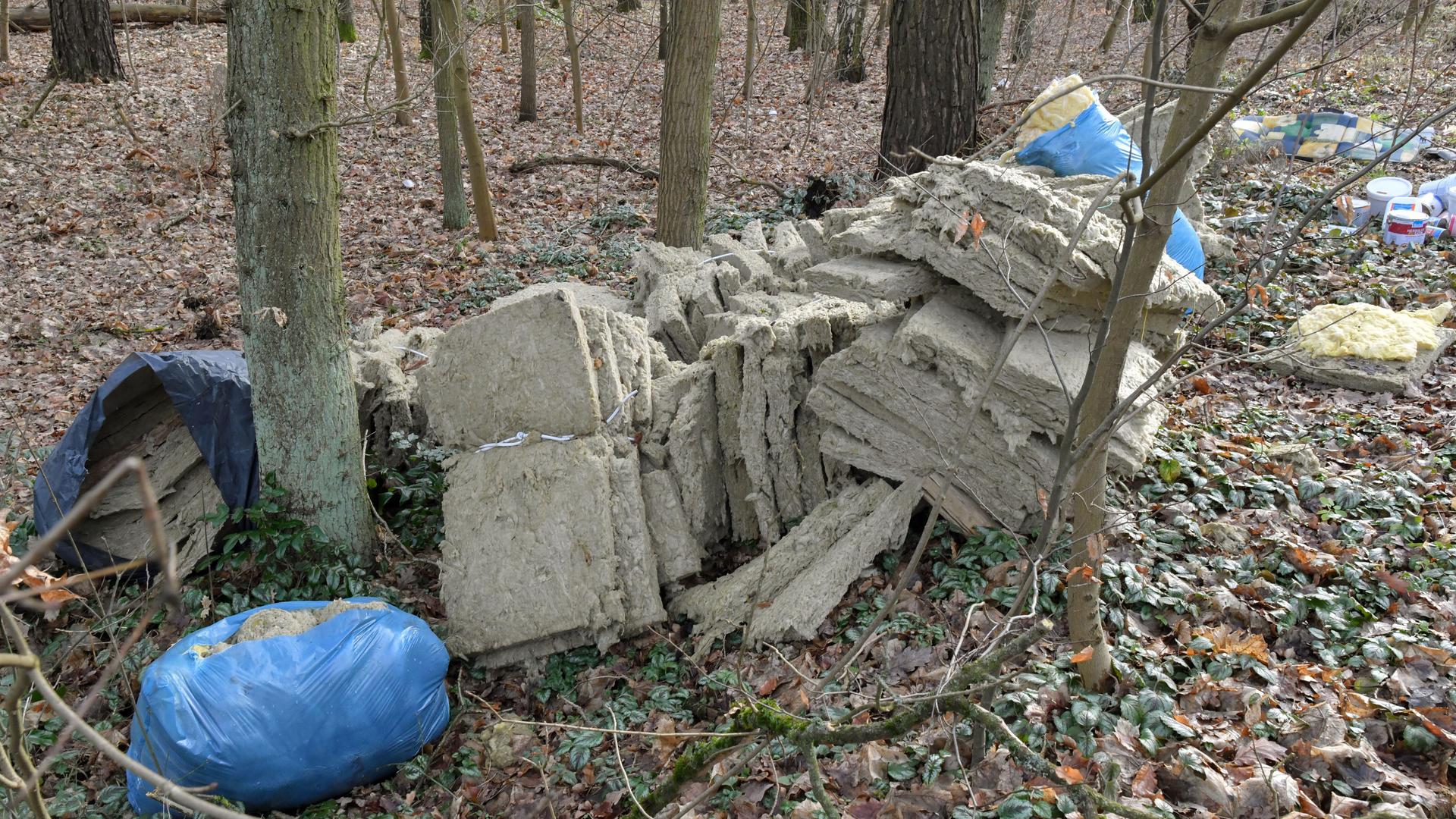 Illegal entsorgte Dämmwolle und mehrere Farbdosen liegen in einem Wald nahe dem Berliner Ring im Landkreis Oder-Spree. 