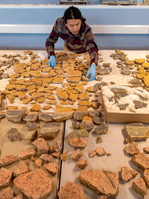 Das Foto zeigt einen Archäologen, der die Fragmente des Wandgemäldes sortiert. Photo by Handout / Museum of London Archaeology (MOLA) / AFP) / RESTRICTED TO EDITORIAL USE - MANDATORY CREDIT "AFP PHOTO / 