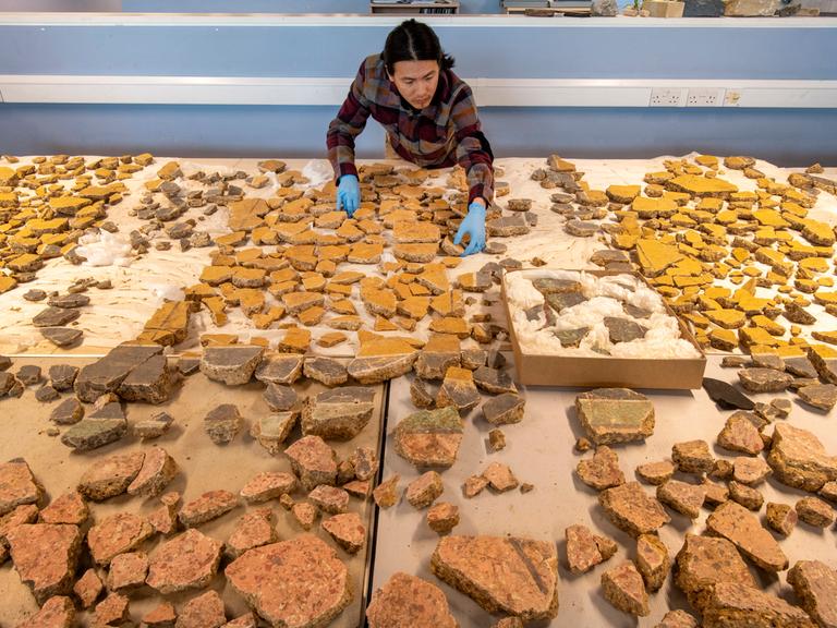 Das Foto zeigt einen Archäologen, der die Fragmente des Wandgemäldes sortiert. Photo by Handout / Museum of London Archaeology (MOLA) / AFP) / RESTRICTED TO EDITORIAL USE - MANDATORY CREDIT "AFP PHOTO / 