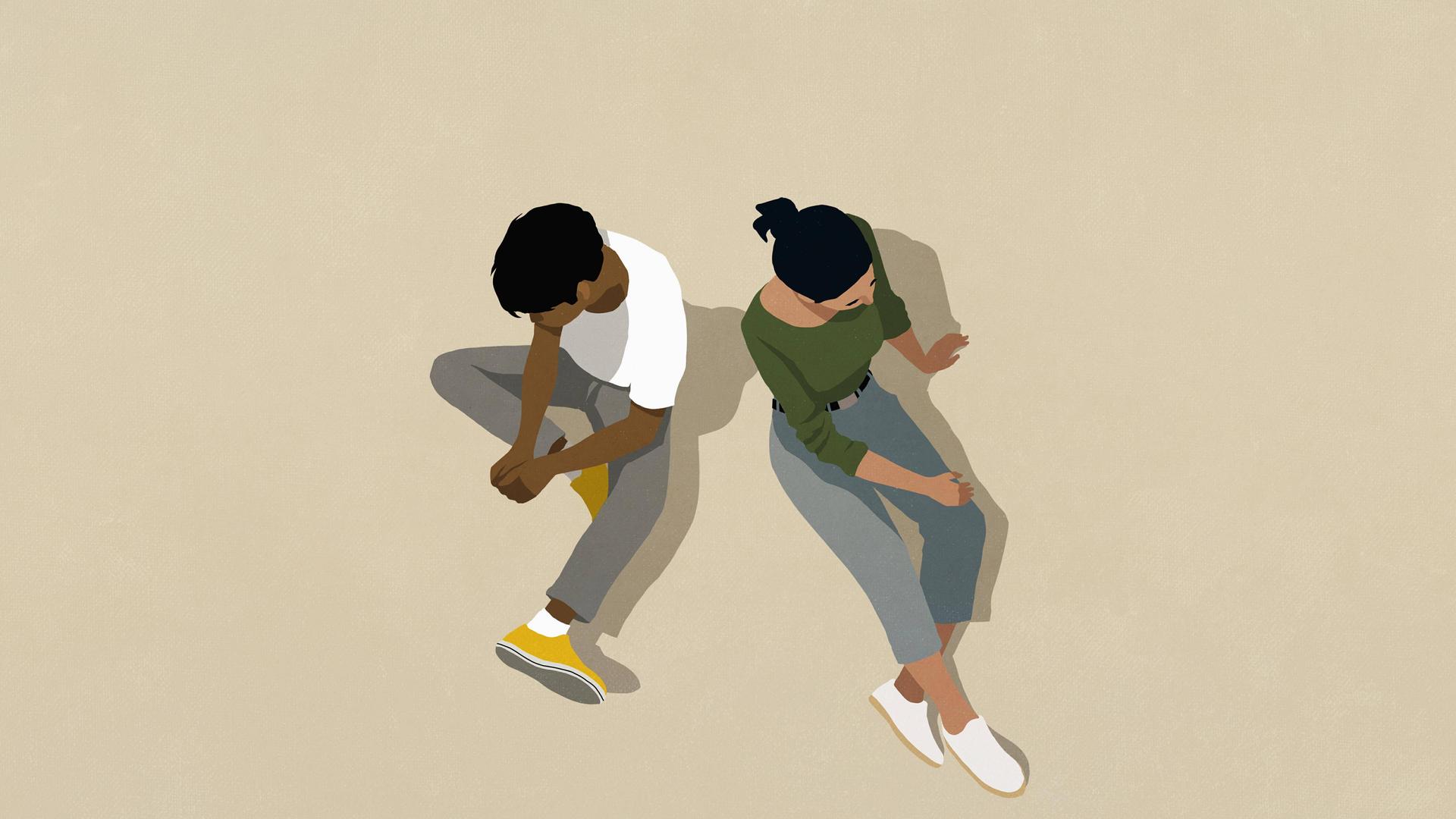 Die Illustration zeigt zwei Menschen, die auf dem Boden sitzen und voneinander abgewandt sind. 