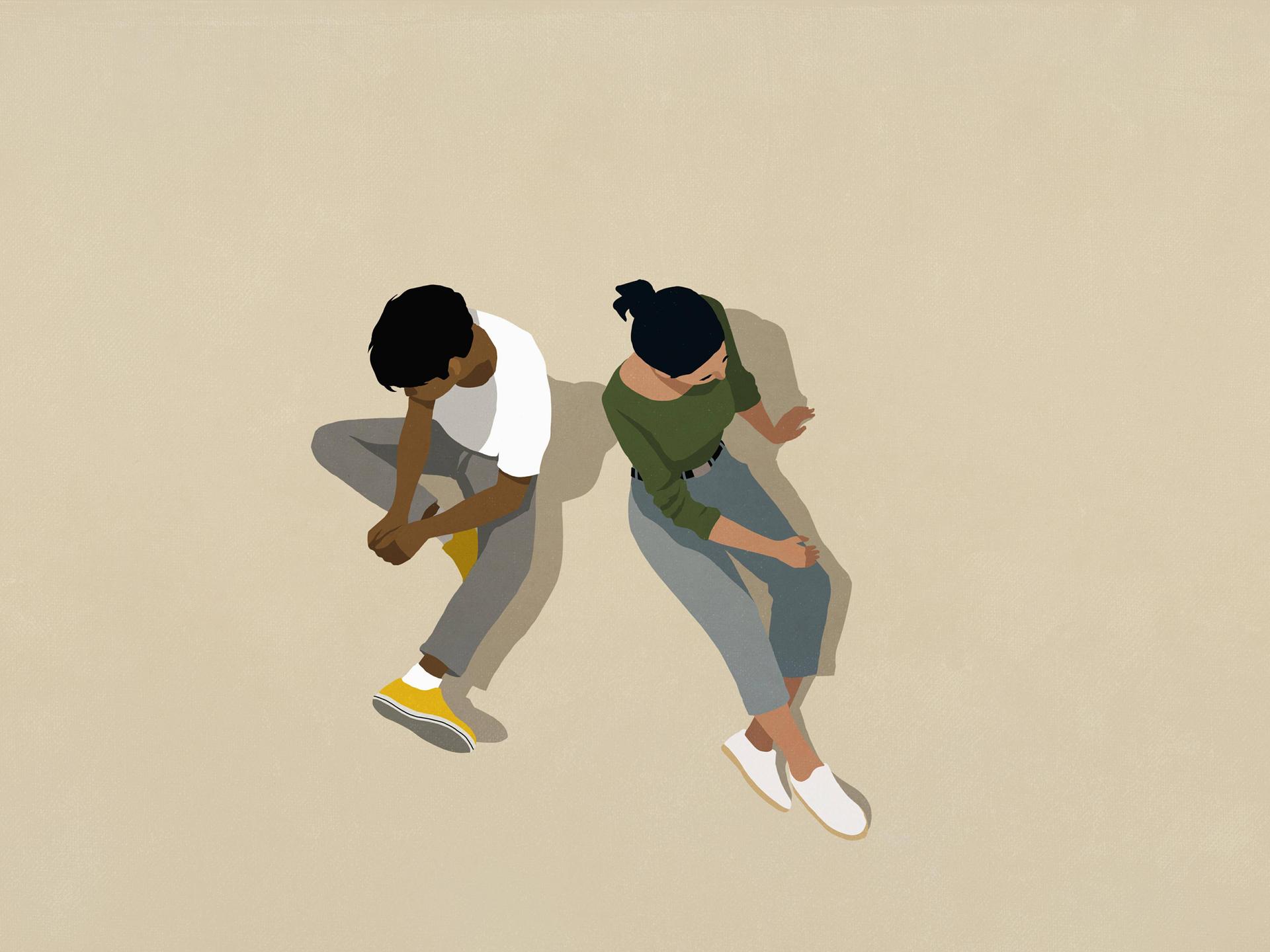 Die Illustration zeigt zwei Menschen, die auf dem Boden sitzen und voneinander abgewandt sind. 