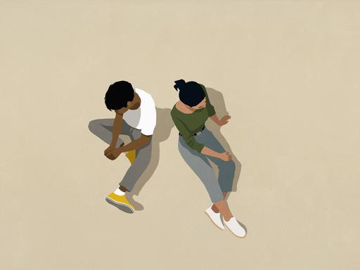 Die Illustration zeigt zwei Menschen, die auf dem Boden sitzen und voneinander abgewandt sind. 