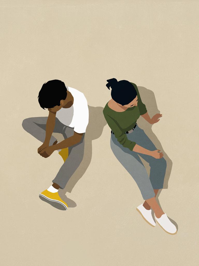 Die Illustration zeigt zwei Menschen, die auf dem Boden sitzen und voneinander abgewandt sind. 