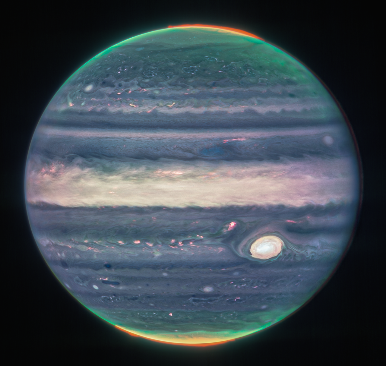 Der Planet Jupiter, im Infrarotlicht aufgenommen vom James-Webb-Weltraumteleskop