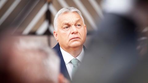 Portrait von Viktor Orban. Er trägt eine dunkle Anzugsjacke und ein weißes Hemd