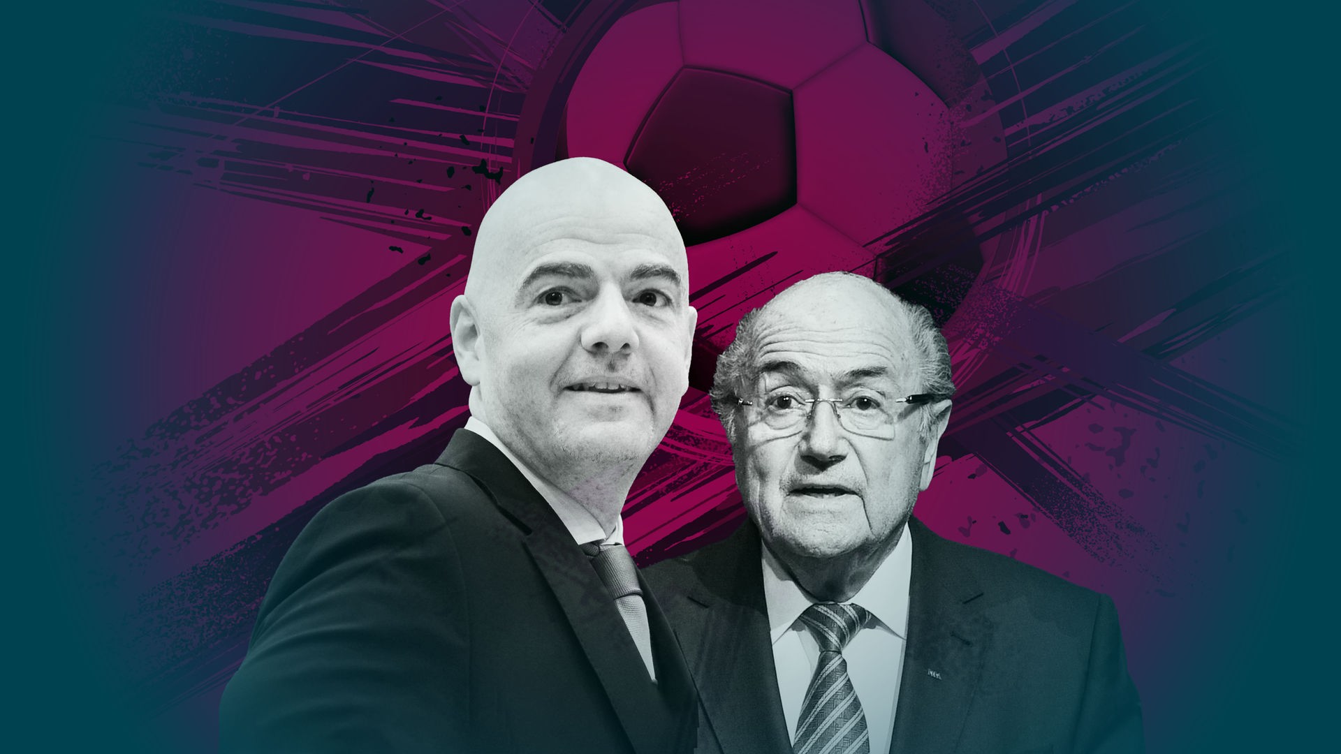 Porträt von Gianni Infantino und Joseph „Sebb“ Blatter. Im Hintergrund ist die violett eingefärbte Grafik eines Fußballes zu sehen.