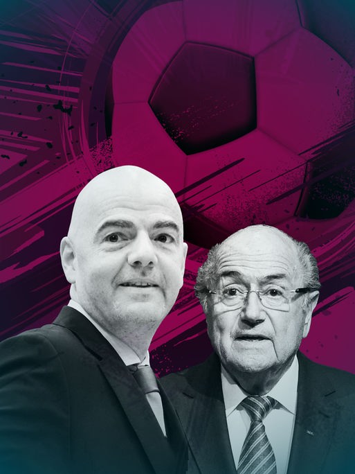 Porträt von Gianni Infantino und Joseph „Sebb“ Blatter. Im Hintergrund ist die violett eingefärbte Grafik eines Fußballes zu sehen. Porträt von Gianni Infantino und Joseph „Sebb“ Blatter. Im Hintergrund ist die violett eingefärbte Grafik eines Fußballes zu sehen.