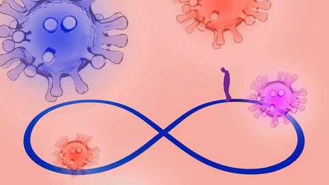 Ein Mann ist umgeben von Covid-Virus-Organismen und geht auf einem Unendlichkeitssymbol. 