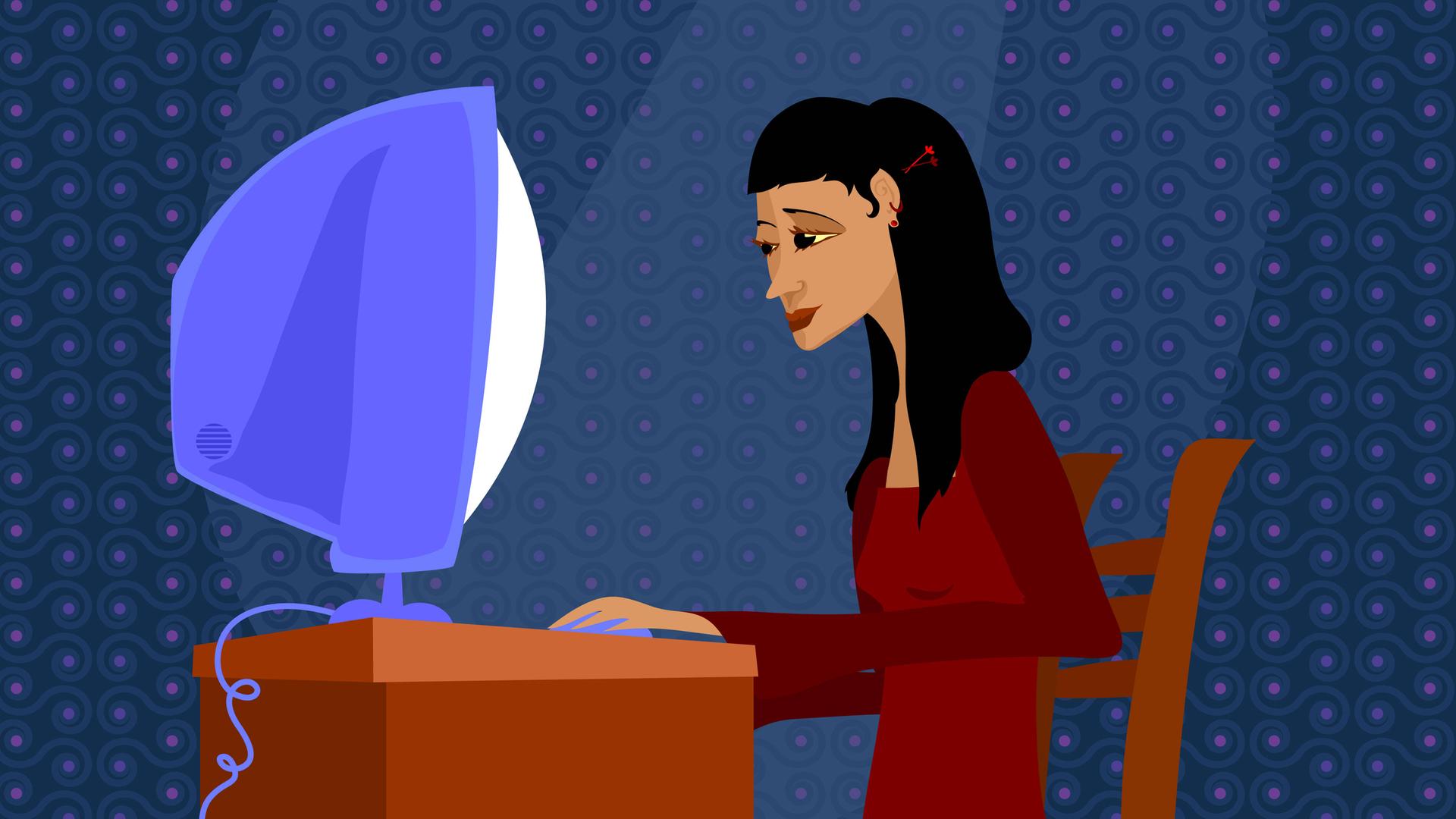 Illustration einer Frau, die an einem Schreibtisch sitzt und am Computer arbeitet.