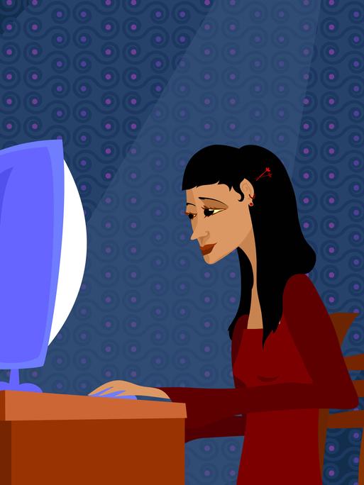 Illustration einer Frau, die an einem Schreibtisch sitzt und am Computer arbeitet.