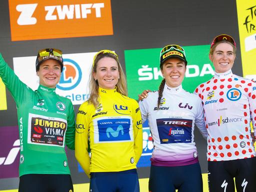 Die Trikotträgerinnen der Tour de France der Frauen 2023 v.l.n.r. im Grünen Trikot Marianne Vos (Niederlande / Team Jumbo Visma Women), im Gelben Trikot Annemiek Van Vleuten (Niederlande / Team Movistar Women), im Weißen Trikot Shirin Van Anrooij (Niederlande / Team Trek - Segafredo Women) und im Bergtrikot Demi Vollering (Niederlande / Team SD Worx) 