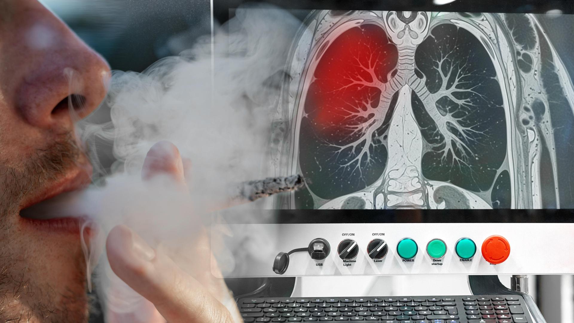 Ein Raucher inhaliert Tabakrauch, während ein MRT-Bild eine auffällige Lunge zeigt (Fotomontage).