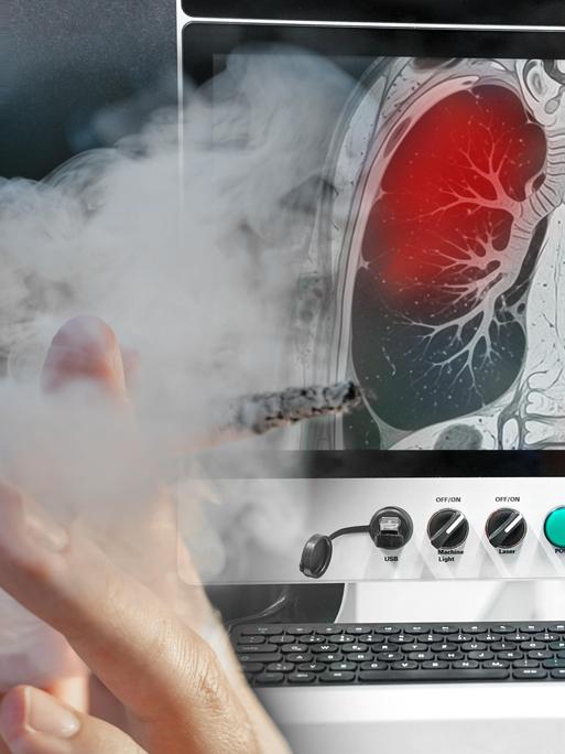 Ein Raucher inhaliert Tabakrauch, während ein MRT-Bild eine auffällige Lunge zeigt (Fotomontage).