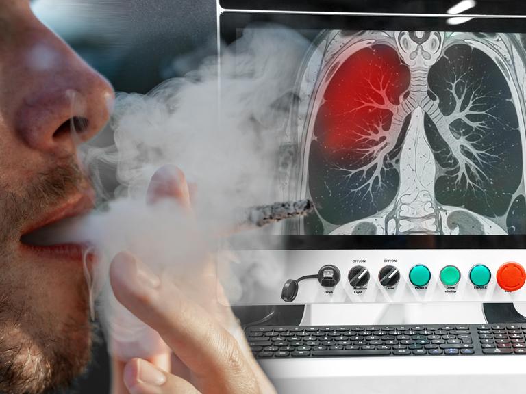 Ein Raucher inhaliert Tabakrauch, während ein MRT-Bild eine auffällige Lunge zeigt (Fotomontage).