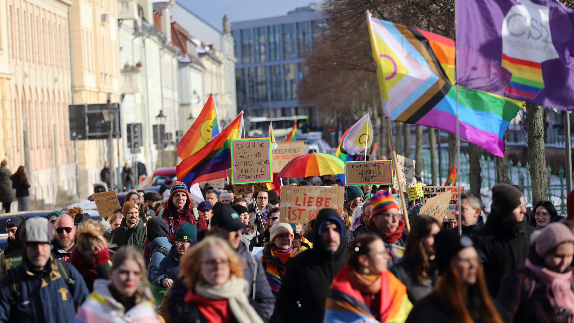 Menschen demonstrieren beim Winter-Christopher-Street-Day in Potsdam mit Regenbogenfahen für Vielfalt, Toleranz und Gleichberechtigung