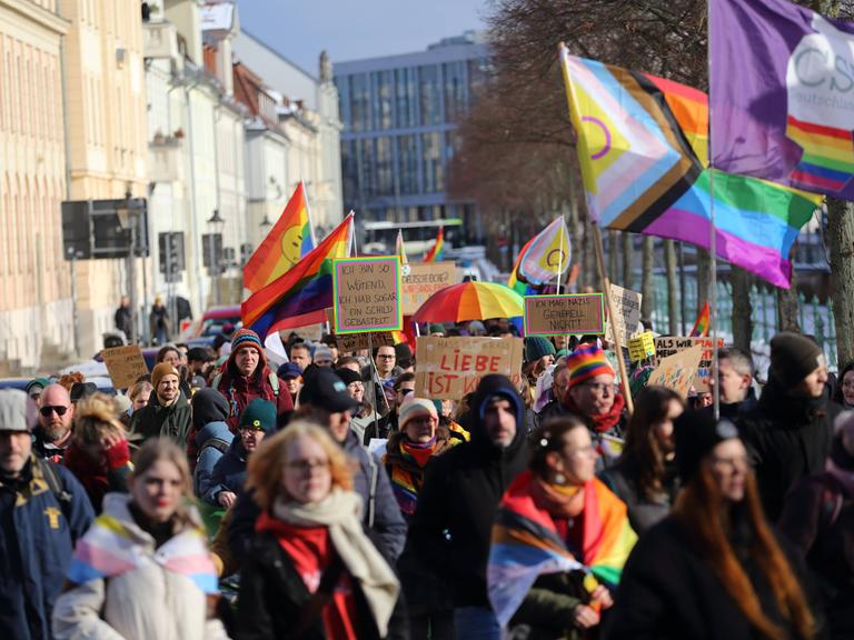 Menschen demonstrieren beim Winter-Christopher-Street-Day in Potsdam mit Regenbogenfahen für Vielfalt, Toleranz und Gleichberechtigung