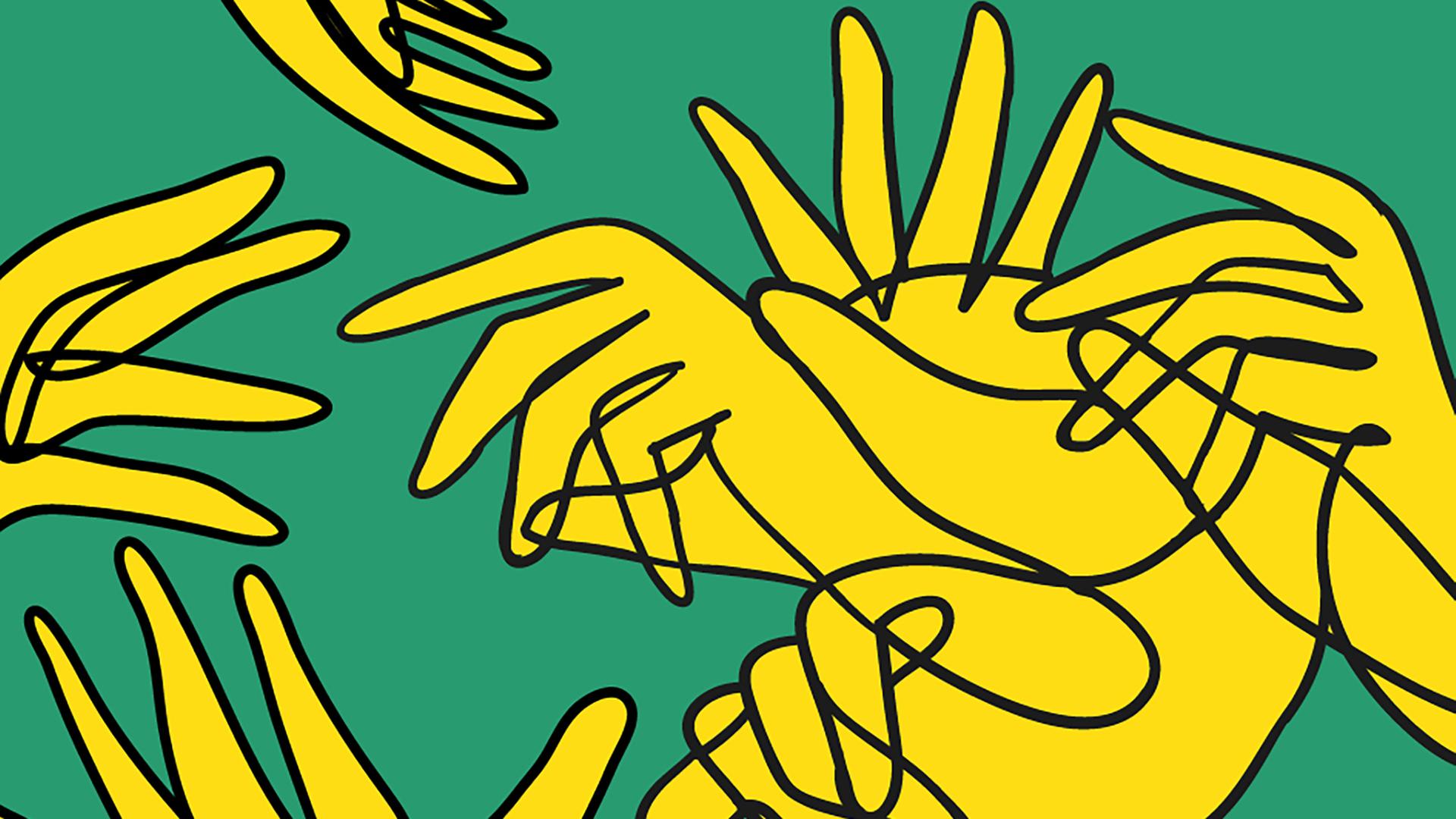 Keyvisual der documenta 15 - abstrakte Zeichnung von gelben Händen auf grünem Grund.