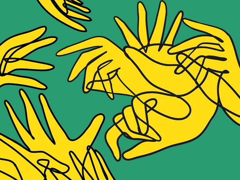 Keyvisual der documenta 15 - abstrakte Zeichnung von gelben Händen auf grünem Grund.
