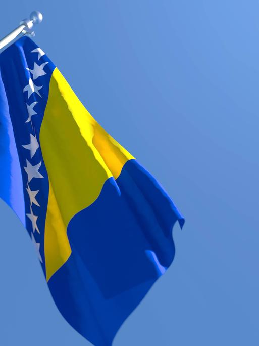 3D rendering of the national flag of Bosnia and Herzegovina waving in the wind against a blue sky , 33004266.jpg, bosnia