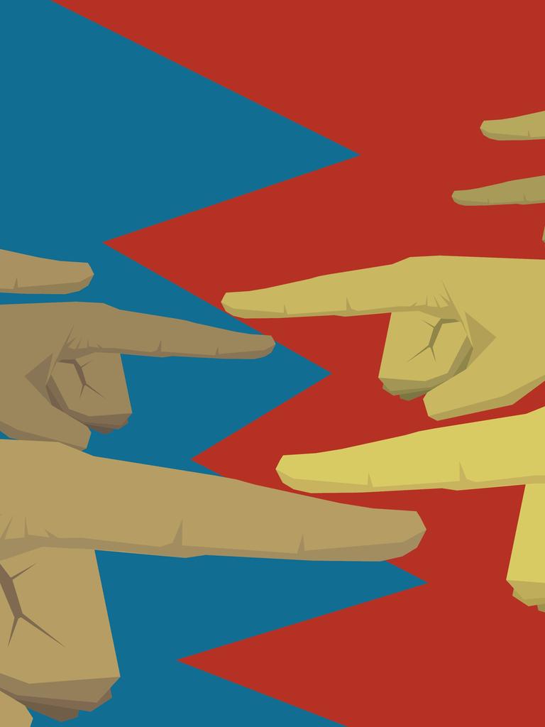 Illustrierte Hände zeigen jeweils mit den Fingern aufeinander. Illustrierte Hände zeigen jeweils mit den Fingern aufeinander.