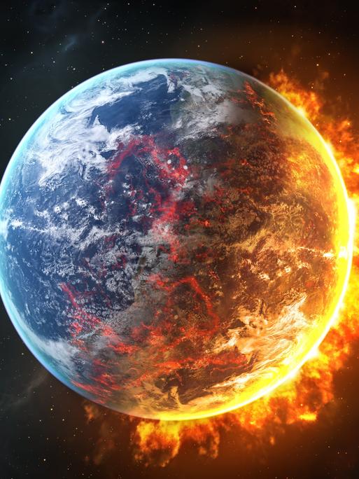 Visualisierung einer teilweise brennenden Erde im All.