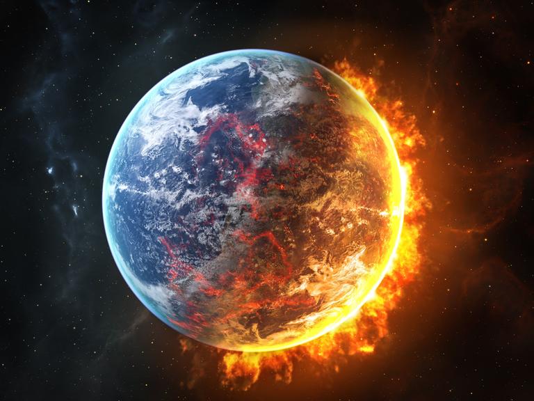 Visualisierung einer teilweise brennenden Erde im All.