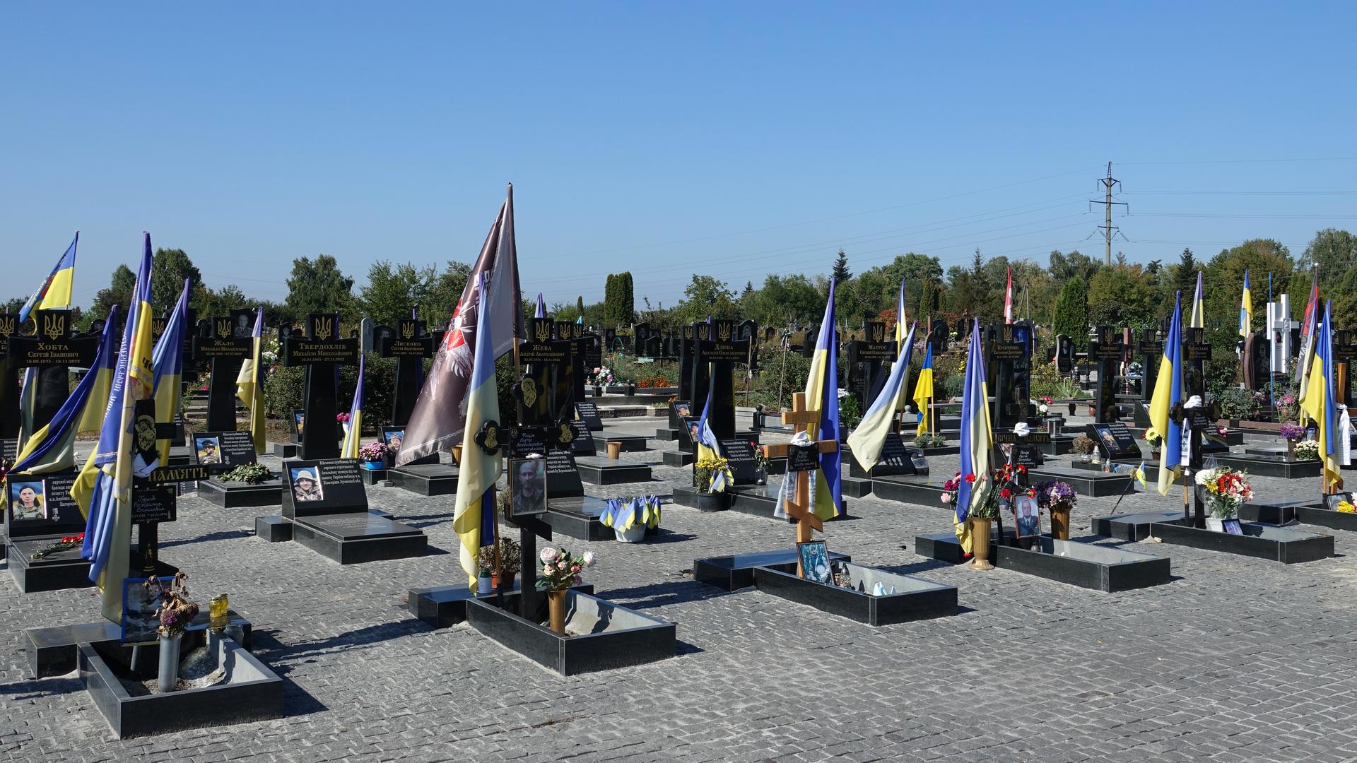 Reihen mit neueren Gräbern ukrainischer Soldaten auf einem Friedhof. 