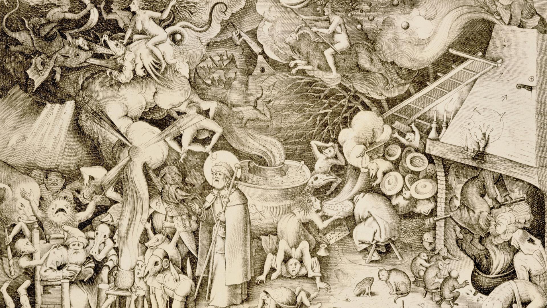 "Der Heilige Jakobus beim Magier Hermogenes und der Aufbruch der Hexen zur Walpurgisnacht", Kupferstich von Hieronymus Cock (um 1510 - 1570) "Der Heilige Jakobus beim Magier Hermogenes und der Aufbruch der Hexen zur Walpurgisnacht", Kupferstich von Hieronymus Cock (um 1510 - 1570)