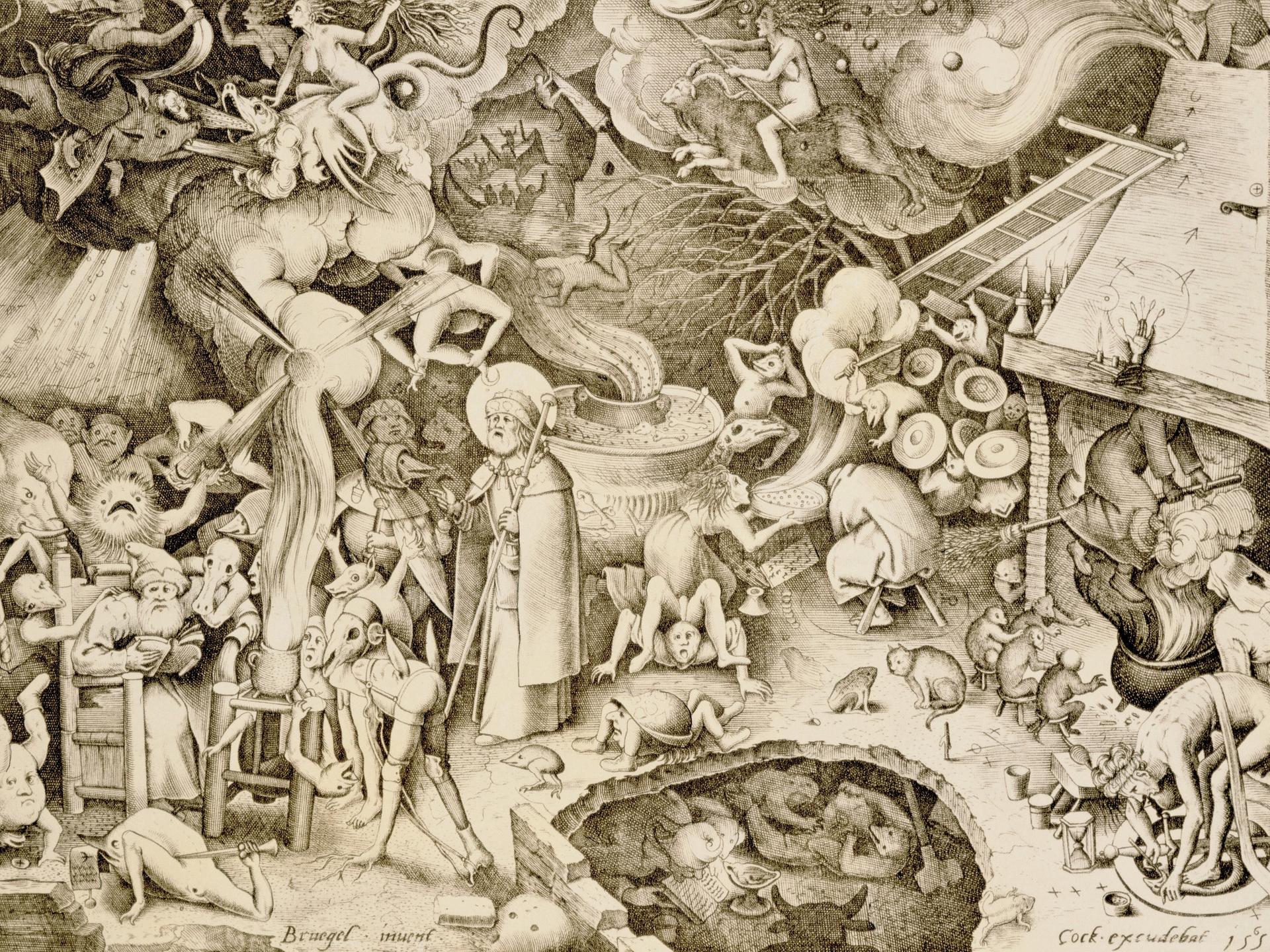 "Der Heilige Jakobus beim Magier Hermogenes und der Aufbruch der Hexen zur Walpurgisnacht", Kupferstich von Hieronymus Cock (um 1510 - 1570)