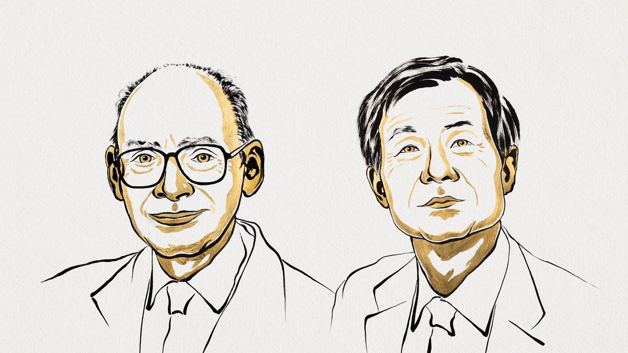 Eine Zeichnung zeigt die beiden Preisträger des Chemie-Nobelpreises 2026: den Franzosen Henri B. Kagan und den Japaner Kenso Soai. 