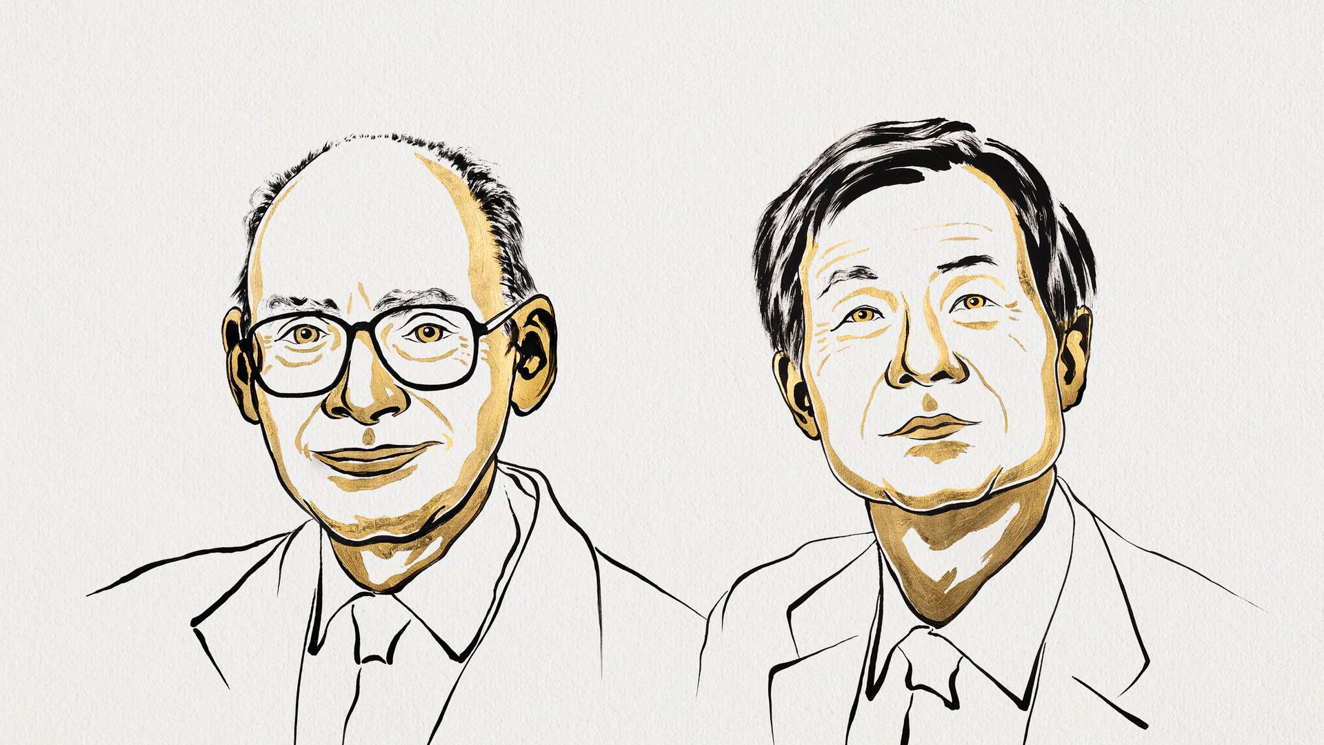 Eine Zeichnung zeigt die beiden Preisträger des Chemie-Nobelpreises 2026: den Franzosen Henri B. Kagan und den Japaner Kenso Soai. 