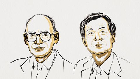 Eine Zeichnung zeigt die beiden Preisträger des Chemie-Nobelpreises 2026: den Franzosen Henri B. Kagan und den Japaner Kenso Soai. 
