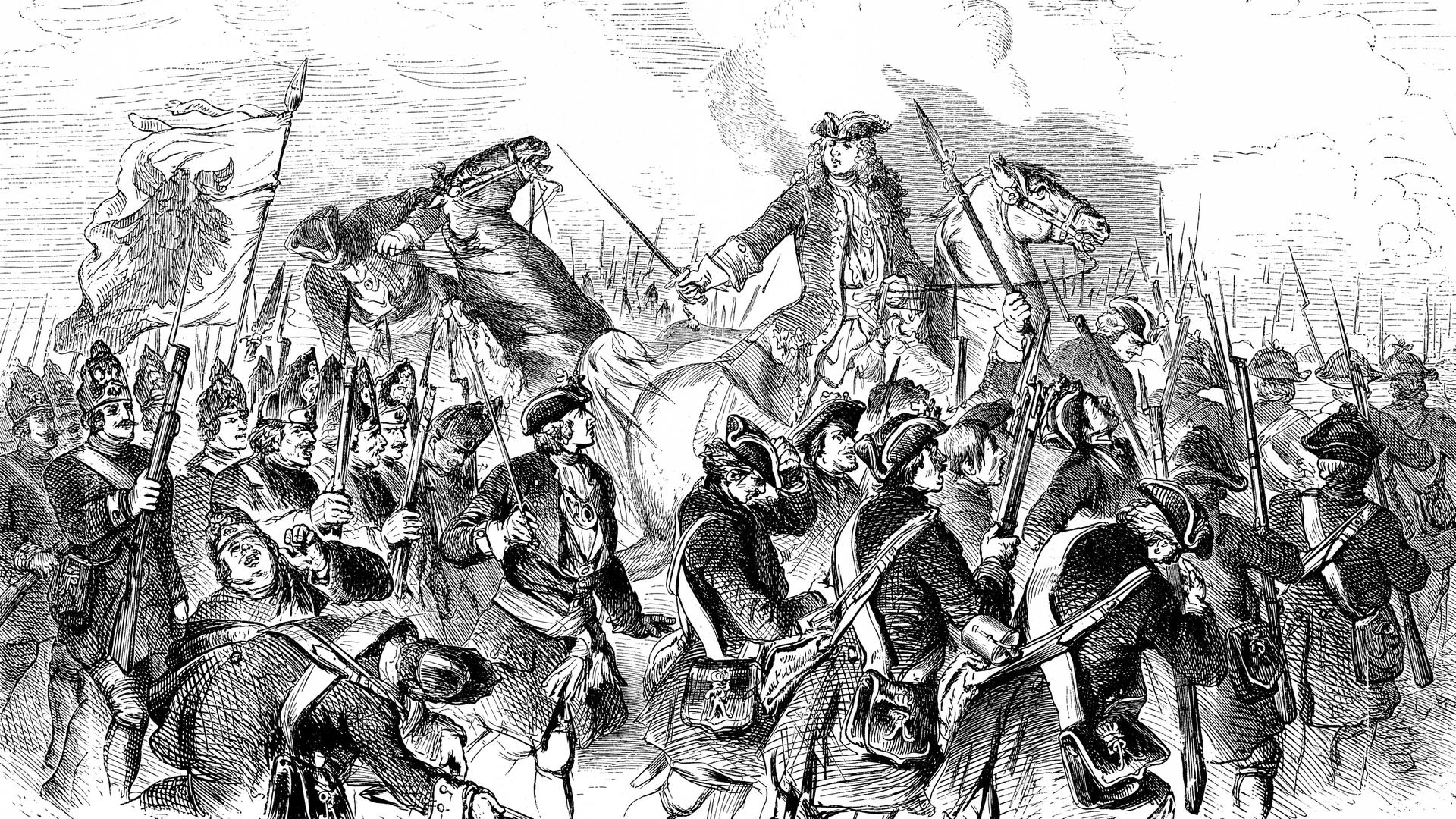 Kronprinz Friedrich Wilhelm in der Schlacht bei Malplaquet im Jahr 1709, Belgien (Illustration)