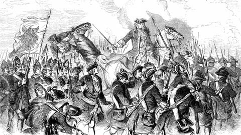 Kronprinz Friedrich Wilhelm in der Schlacht bei Malplaquet im Jahr 1709, Belgien (Illustration)